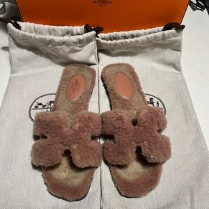Hermès Shearling Slippers in Pink and Tan